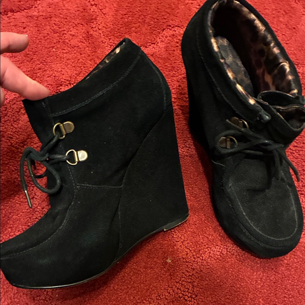 Betsey Johnson Black Suede Wedge Booties
